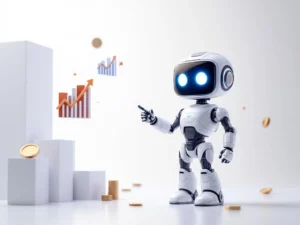 Cute 3D robot with glowing cyan face pointing at rising financial charts, trend lines, and coins on white background