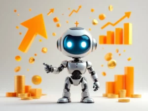 3D robot with cyan screen face pointing at floating financial charts, coins, and upward trend arrows on white background