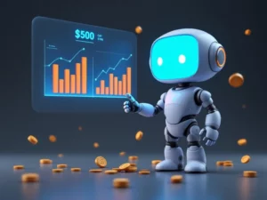 3D robot with cyan screen face pointing at holographic dollar cost averaging charts with floating coins on dark background