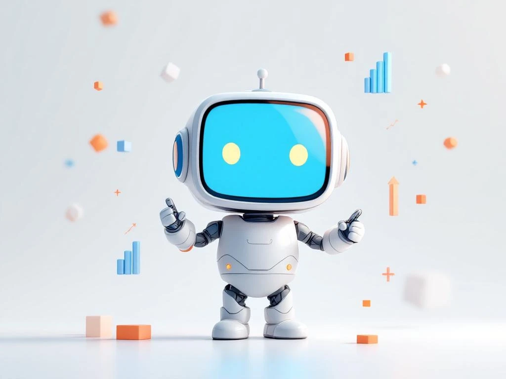 Cute 3D robot with cyan screen face pointing at floating ETF charts and financial data visualizations on white background