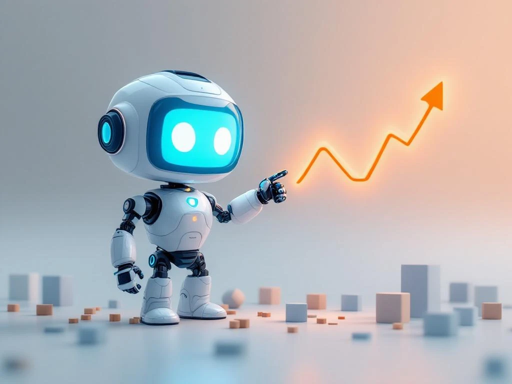 Cute 3D robot with glowing cyan face pointing at downward trending financial graph with recovery arrows and geometric shapes