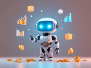 Cute robot with glowing cyan face pointing at floating ETF charts and financial data visualizations with upward trends