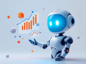 Cute 3D robot with cyan screen face pointing at orange and blue financial charts and data visualization elements